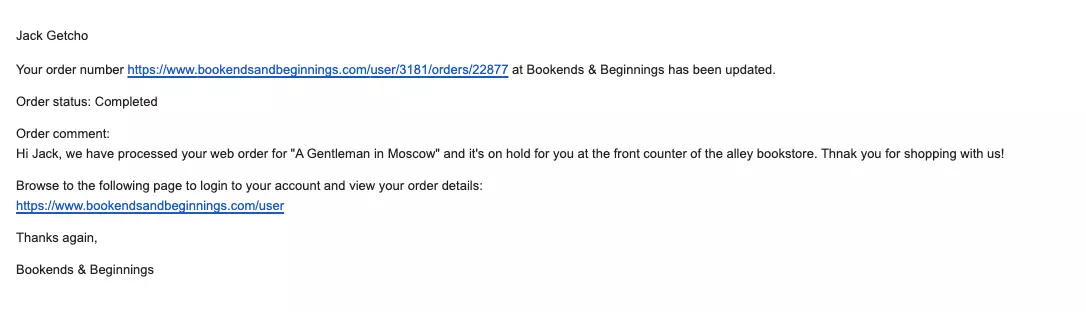 Bookends Order Confirmation