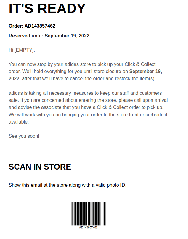 Adidas confirmation email