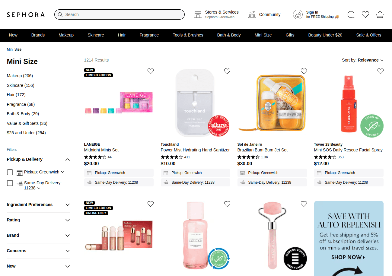 Sephora shopping page