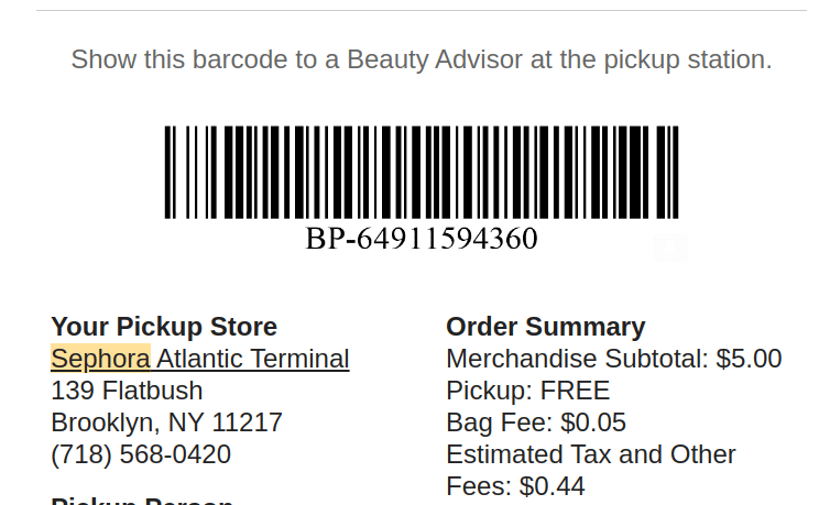 Sephora Curbside Pickup Barcode