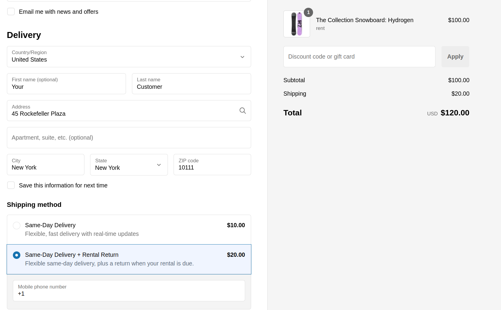 Rental checkout example showing delivery and pickup options