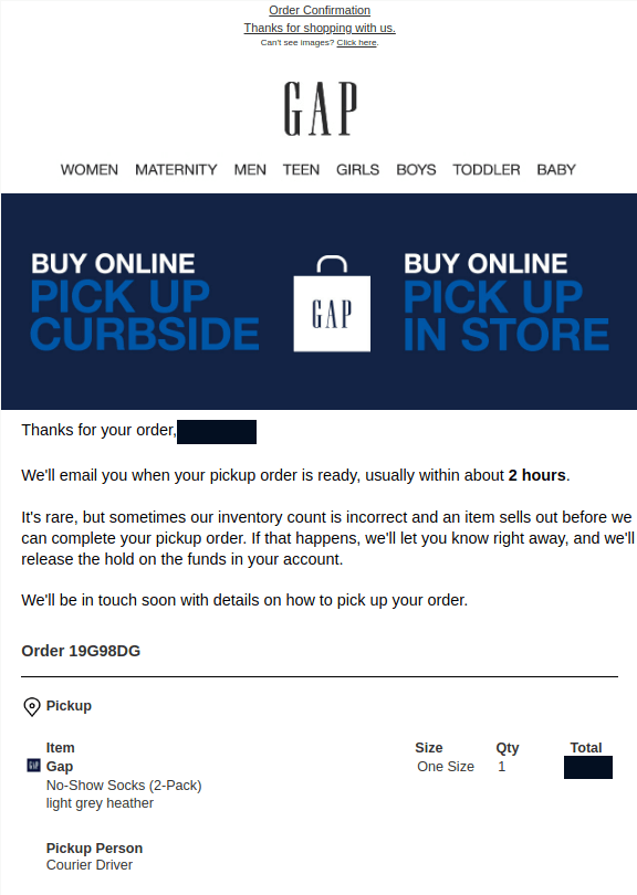 Gap order confirmation email