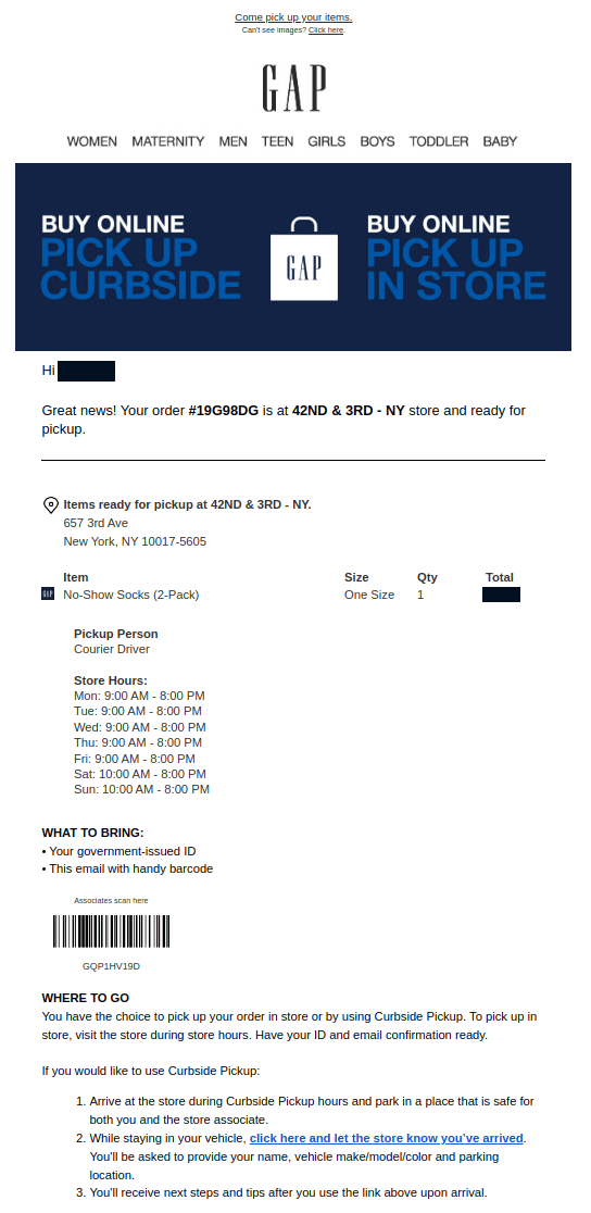 Order pickup confirmation email