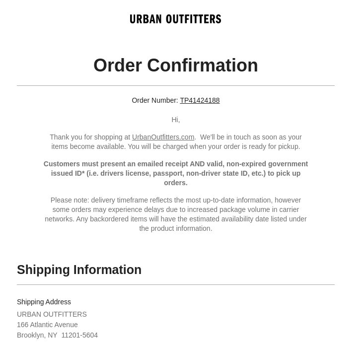 Urban Outfitters Store Confirmation Email