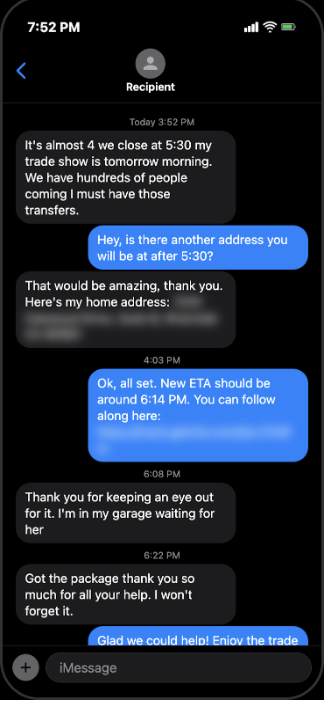 iMessage conversation showing Watchdog proactively coordinating with a recipient to reroute a delivery to their home address before the business closes