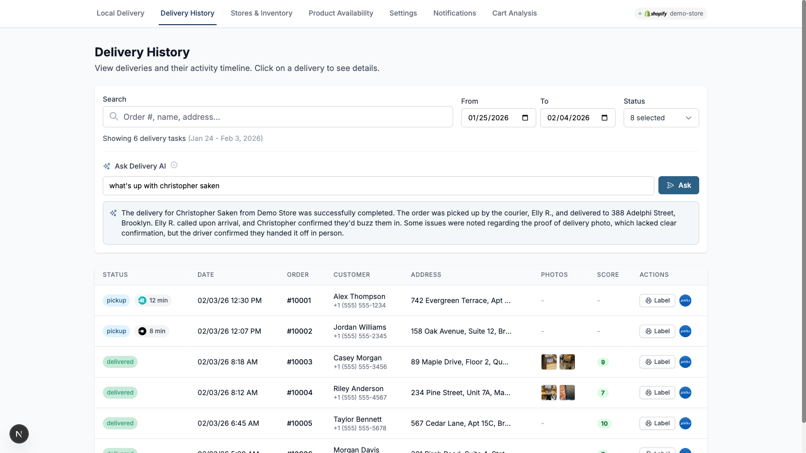 Getcho delivery monitoring dashboard with AI assistant analyzing a delivery