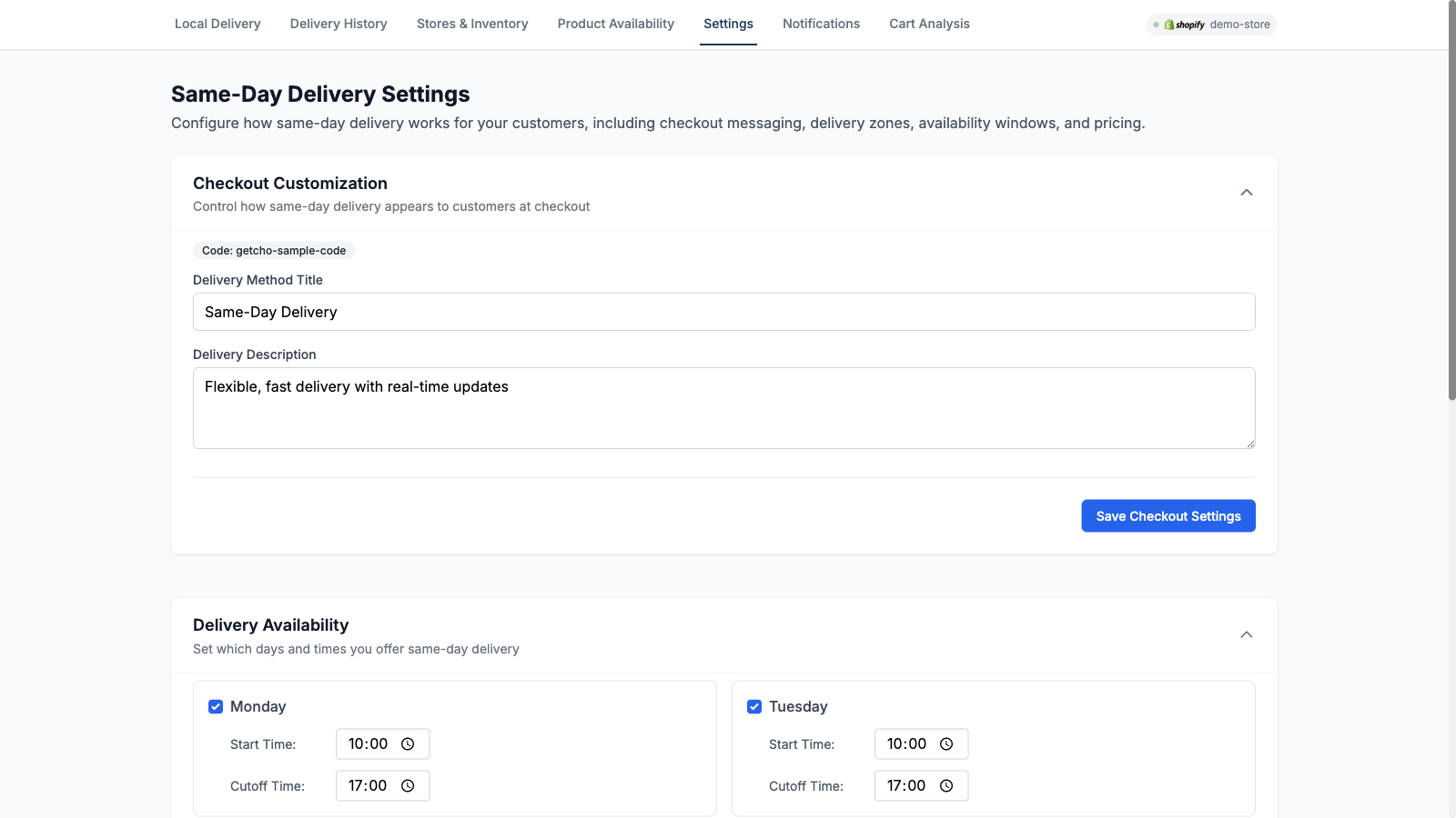 Getcho same-day delivery settings with checkout customization and availability