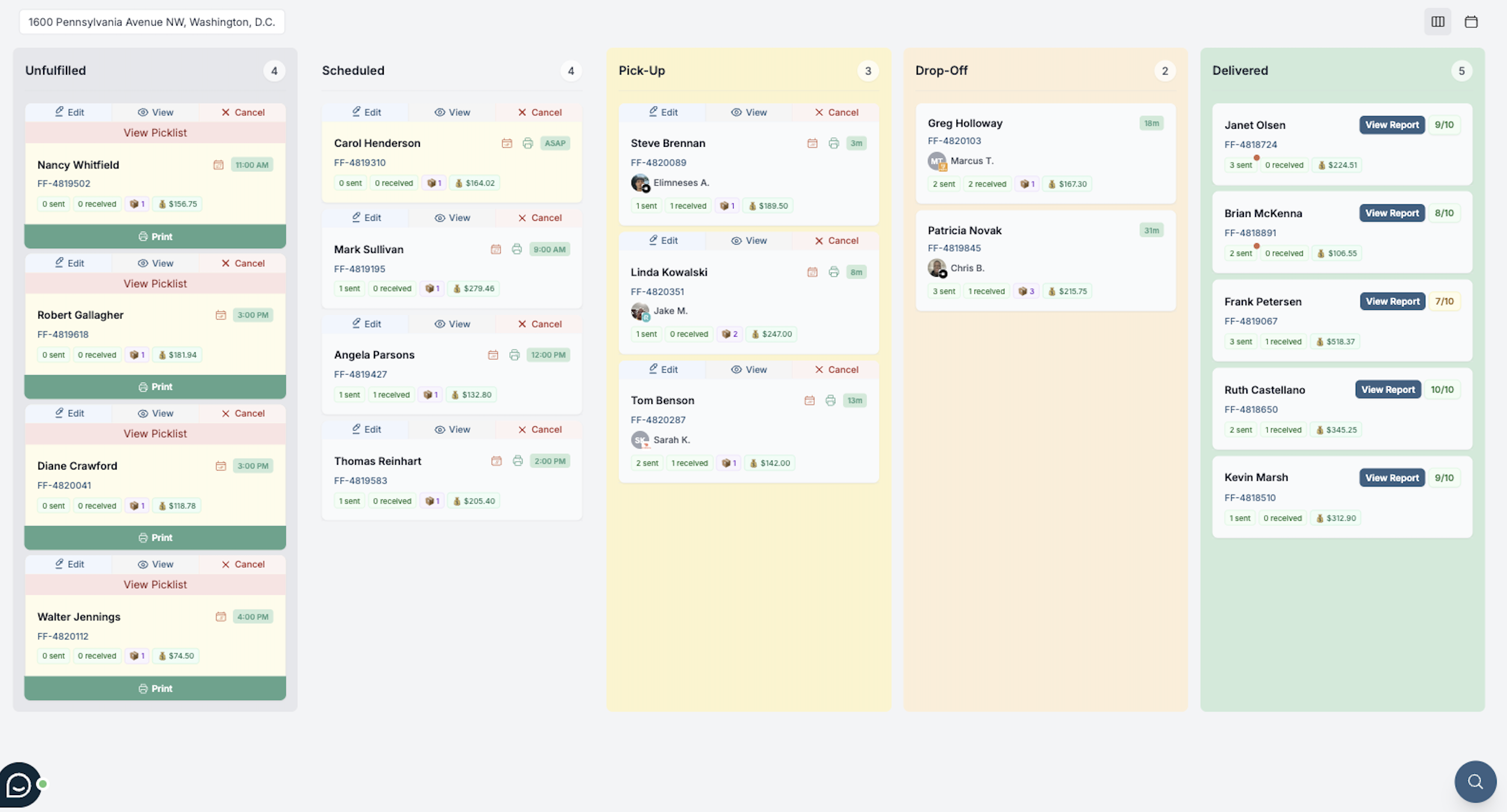 Getcho multi-fleet dispatch board showing deliveries across Unfulfilled, Scheduled, Pick-Up, Drop-Off, and Delivered stages